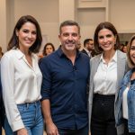 Diverse Brazilian shoppers in a cosmetics store with subtle lottery imagery and prize motif.