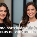 Cosmetics on a vanity with Tele Sena logo on TV screen in background