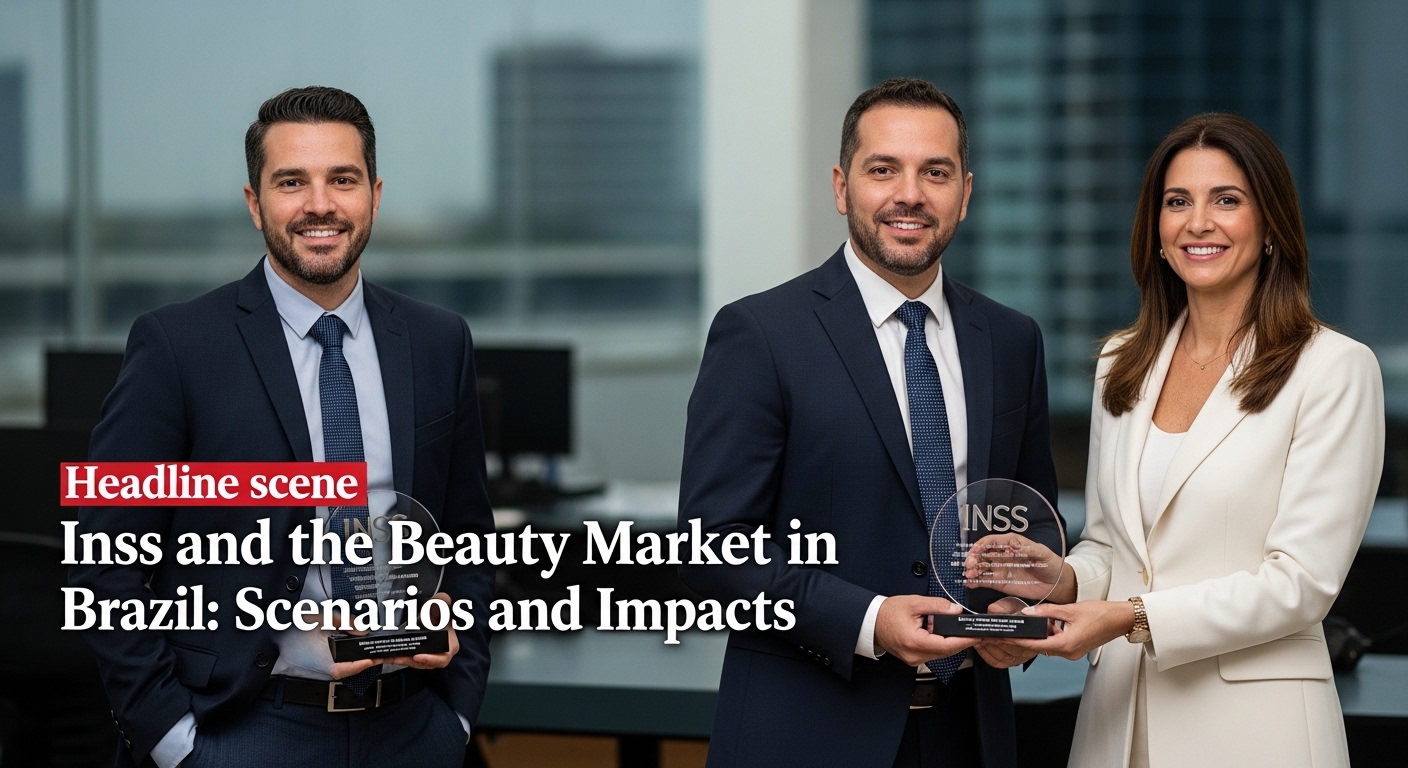 Editorial illustration of Brazil's beauty market influenced by INSS-related policy context.