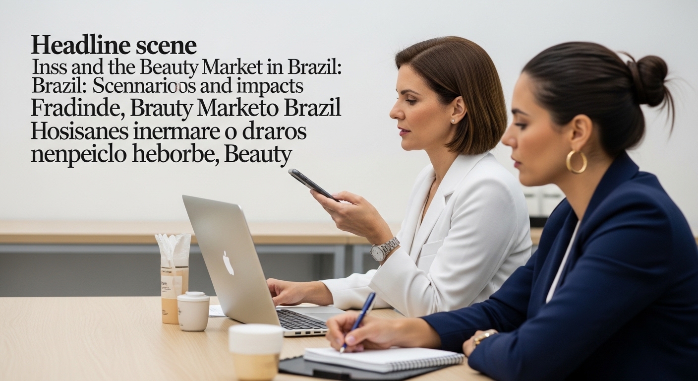 Editorial illustration of Brazil's beauty market influenced by INSS-related policy context.